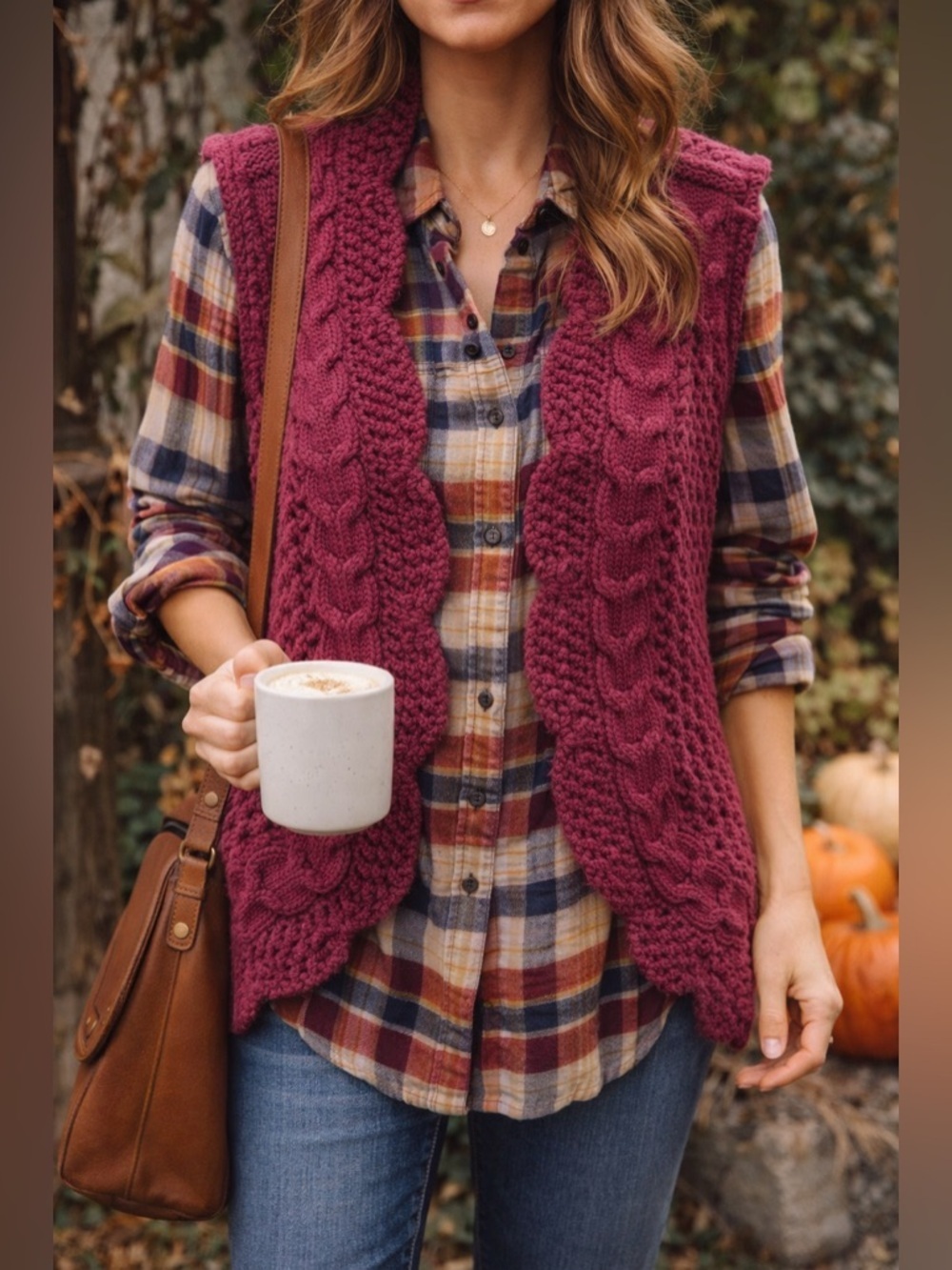 SASSON + SMYTH Chunky Cable Knit Sweater Vest Burgundy  L/XL Boho Cottagecore